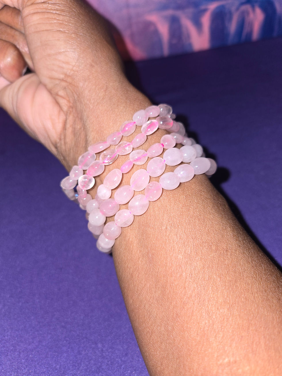 Thumbnail: 5 Rose Quartz Nugget Bracelets on wrist.