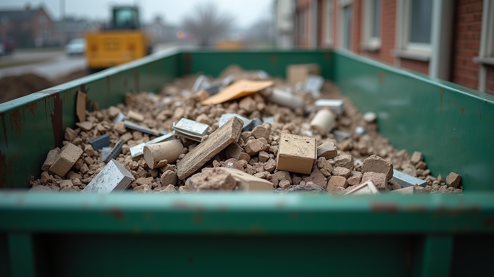 Close-up view of a dumpster filled with mixed construction debris