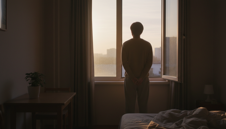 Eye-level view of a person standing quietly near an open window at dawn