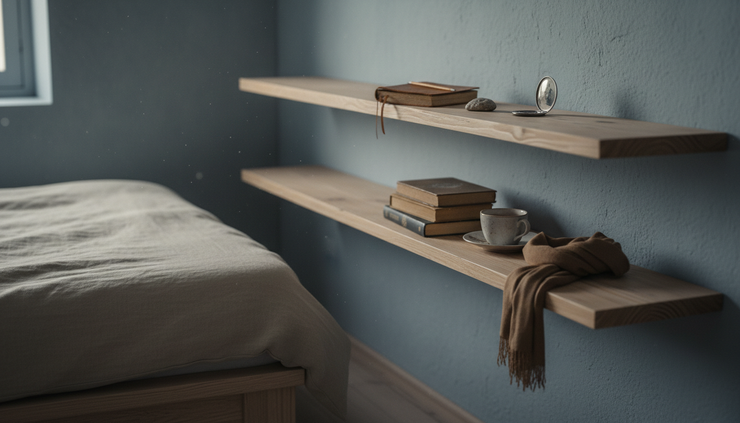 Eye-level view of bare shelves against a dim wall in an empty room