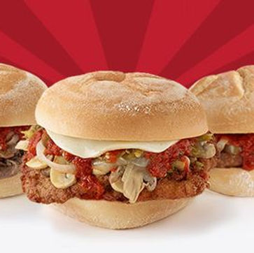 California Sandwich—cheese, sauce, mushrooms, onions, meat in a bun