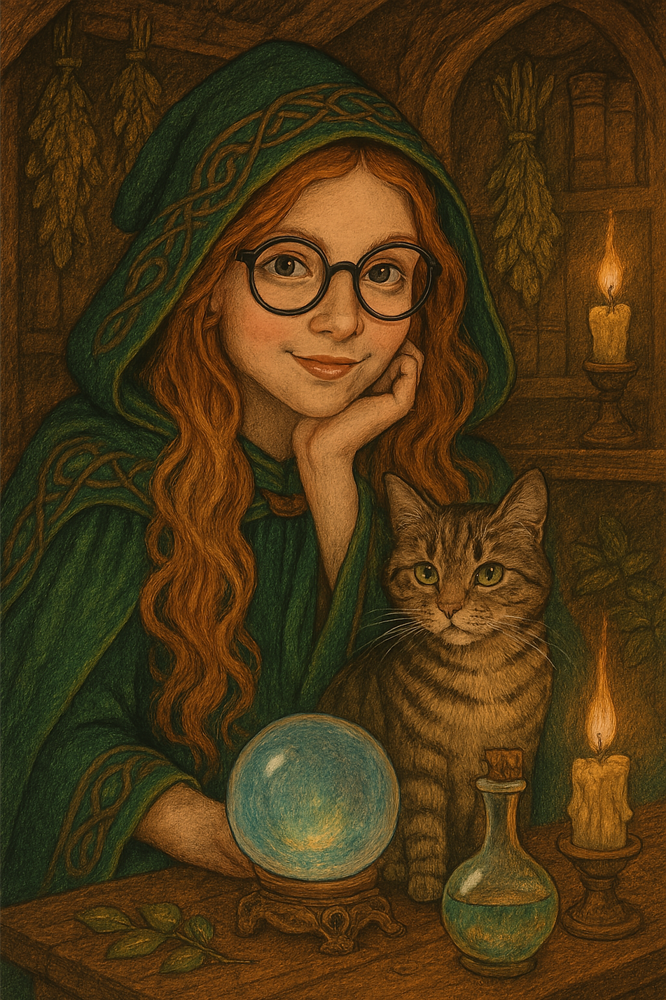 A sketching of a celtic-looking witch with her tiger striped cat