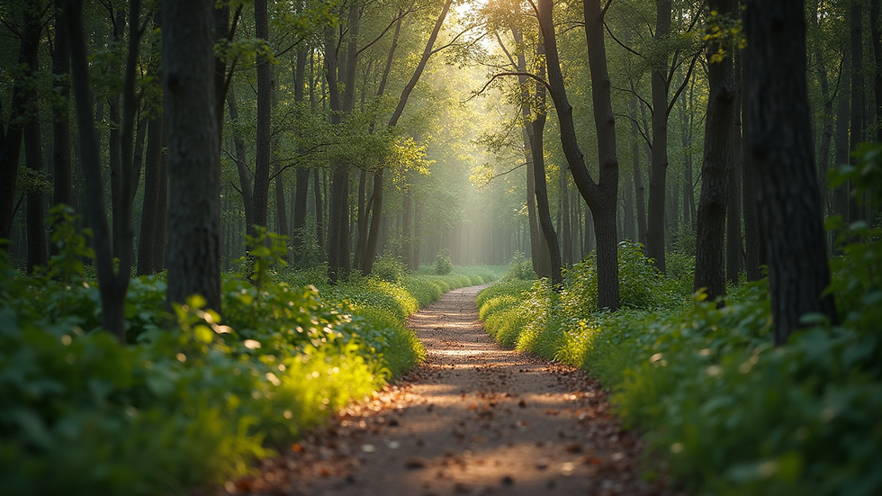 Eye-level view of a winding path through a serene forest