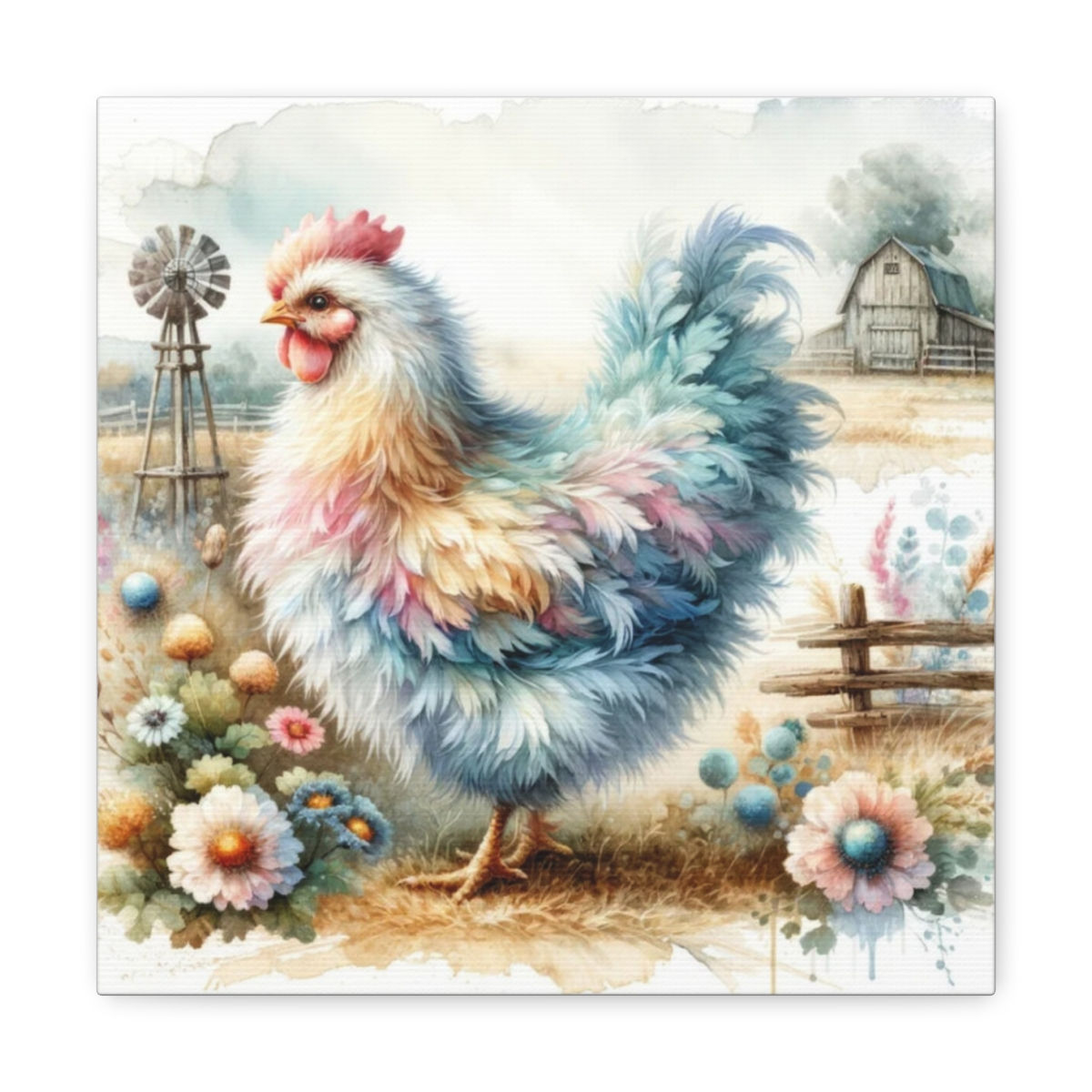 Shabby Farmhouse Decor Watercolor Art Canvas Print Pastel Chicken Wall Hanging