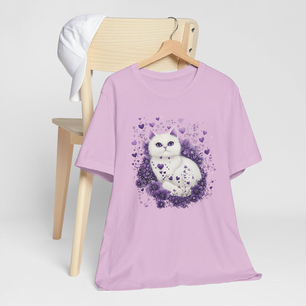Thumbnail: Artistic Cat T-Shirt Shabby Purple Hearts & White Kitten Art Cute Cat Lover Gift