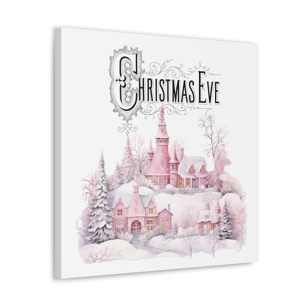 Thumbnail: Shabby Pink Christmas Canvas Art Print Snowy Pink Victorian Village Wall Decor