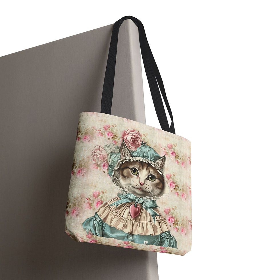 Thumbnail: Artistic Tote Bag - Shabby Cat Victorian Kitten Bonnet Pink Roses Trendy Gifts