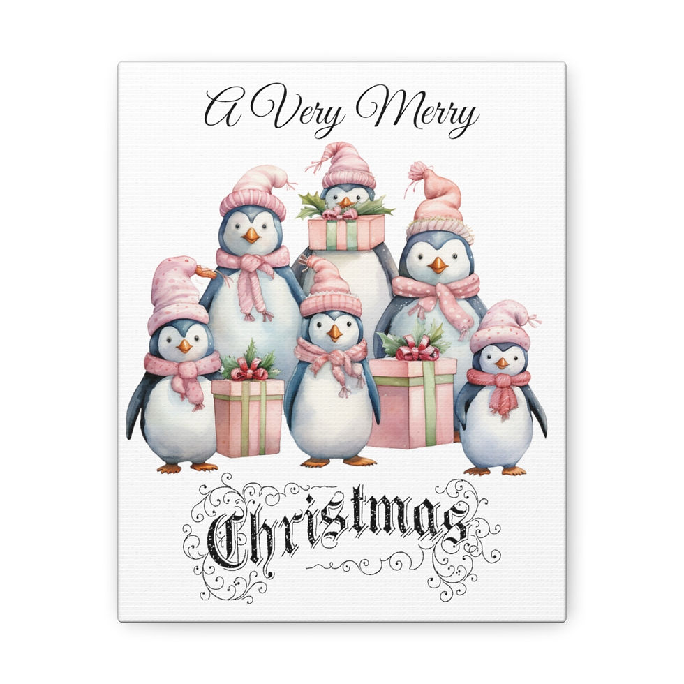 Thumbnail: Merry Christmas Decor Penguin Family Art Canvas Print Vintage Holiday Artwork