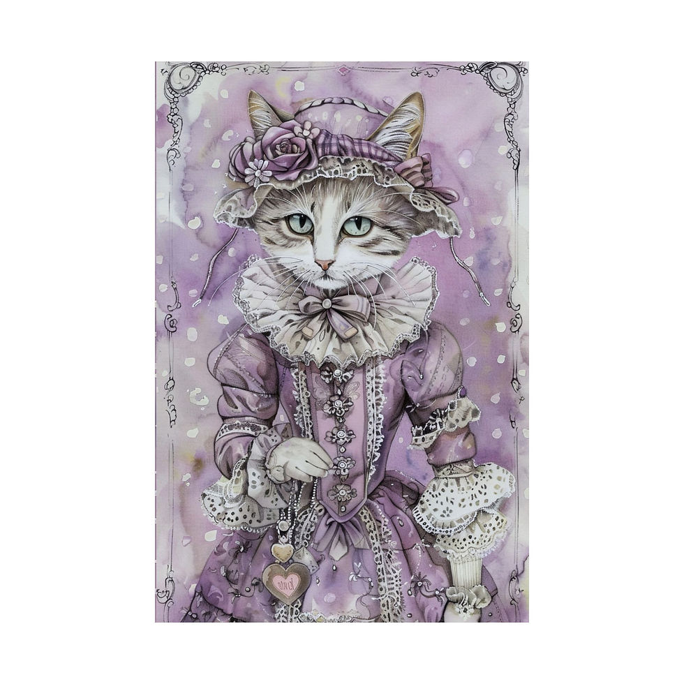 Cat Art Print - Cat in Bonnet Shabby Victorian Cat Lover Gift Purple Wall Decor