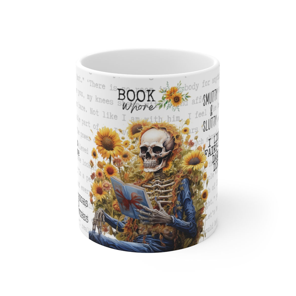 Smutty Reading Theme Artistic Coffee Mug Skeleton & Sunflowers Book Whore 