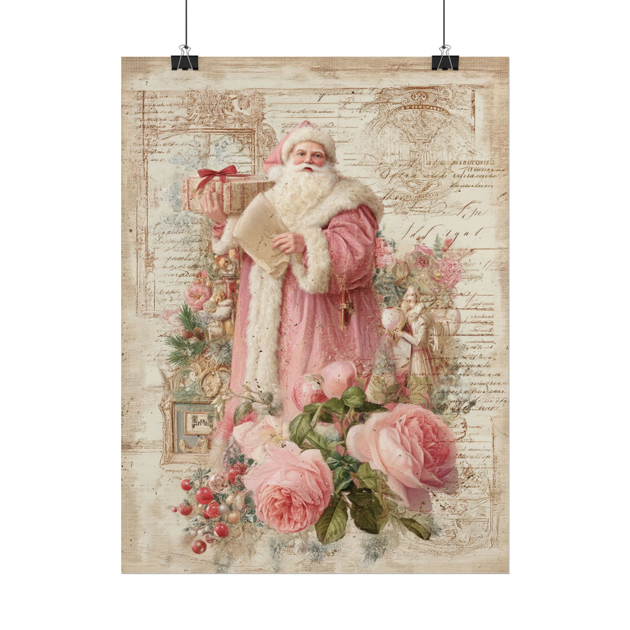 Victorian Santa Claus Art Print - Vintage Shabby Chic Romantic Pink Christmas