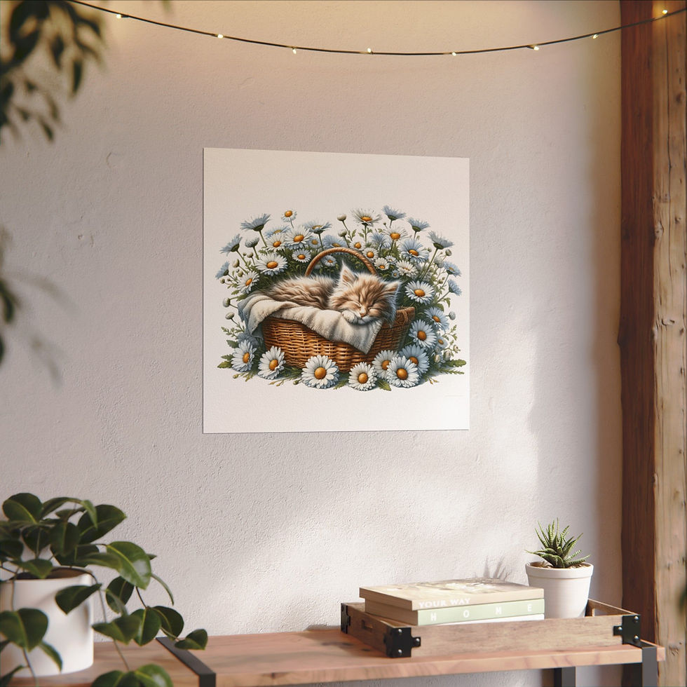 Thumbnail: Shabby Cat Watercolor Art Print Sleeping Kitten Daisy Flowers Wall Decor