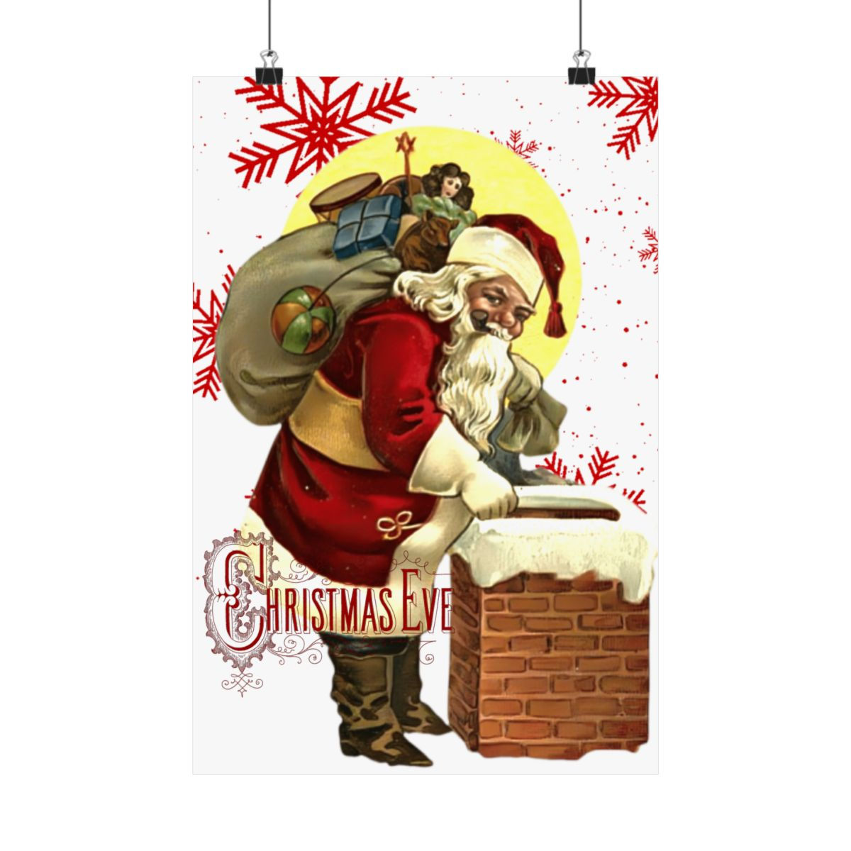 Vintage Christmas Art Print Santa Claus Going Down Chimney Retro Holiday Decor 