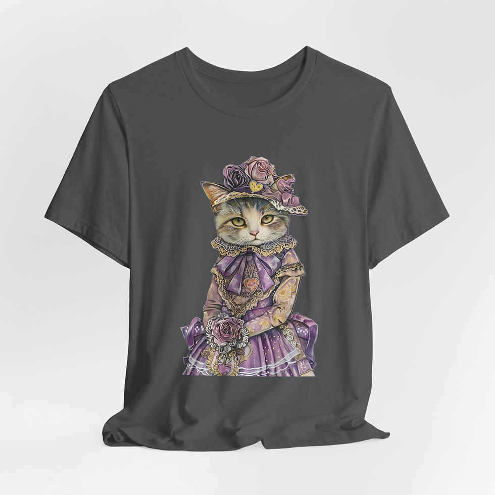 Thumbnail: Victorian Cat Art T-Shirt Shabby Roses Bonnet Hat Purple Artistic Cat Lover Gift