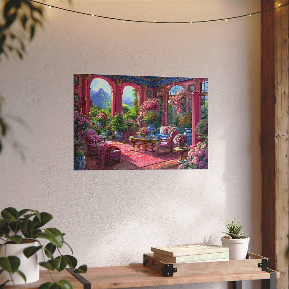 Thumbnail: Shabby Art Print Pink Sun Room Flowers Mountains French Country Vintage Style