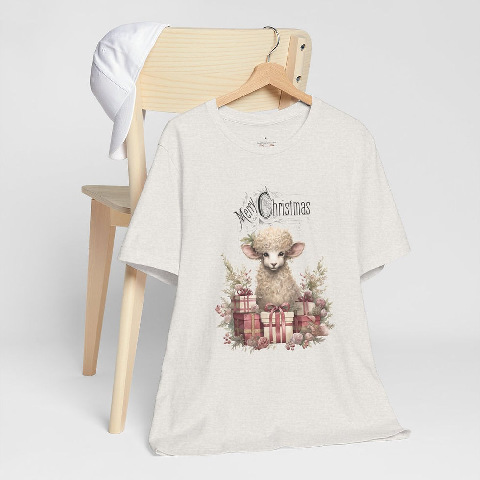 Thumbnail: Shabby Farmhouse Christmas T-Shirt Lamb Art Tee Vintage style Cottage Pink Roses