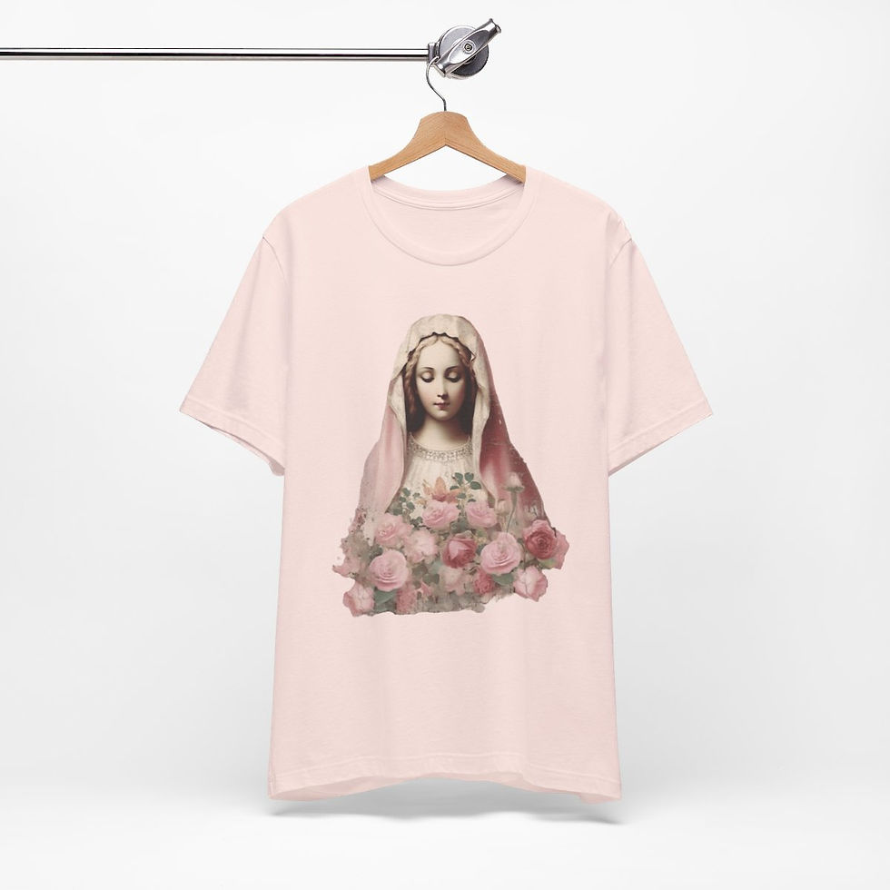 Thumbnail: Virgin Mary T-Shirt Shabby Pink Roses Ave Maria Art Tee Catholic Faith Gifts