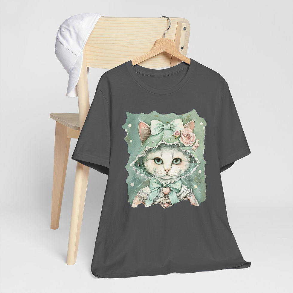 Thumbnail: Victorian Cat Art T-Shirt Shabby Mint & Pink Hat Roses Artistic Cat Lover Gift