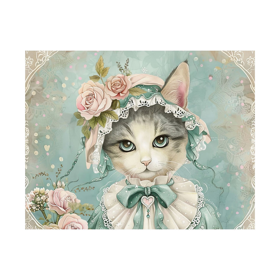 Shabby Cat Art Print Victorian Kitty in Hat Pink Roses Aqua Mint Cat Lover Gift
