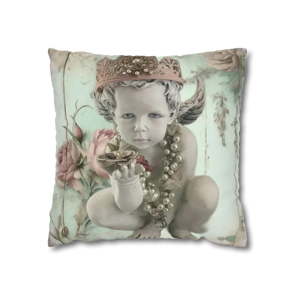 Thumbnail: Shabby Crowned Cherub Throw Pillow cover Jeweled Angel Green Pink Roses case