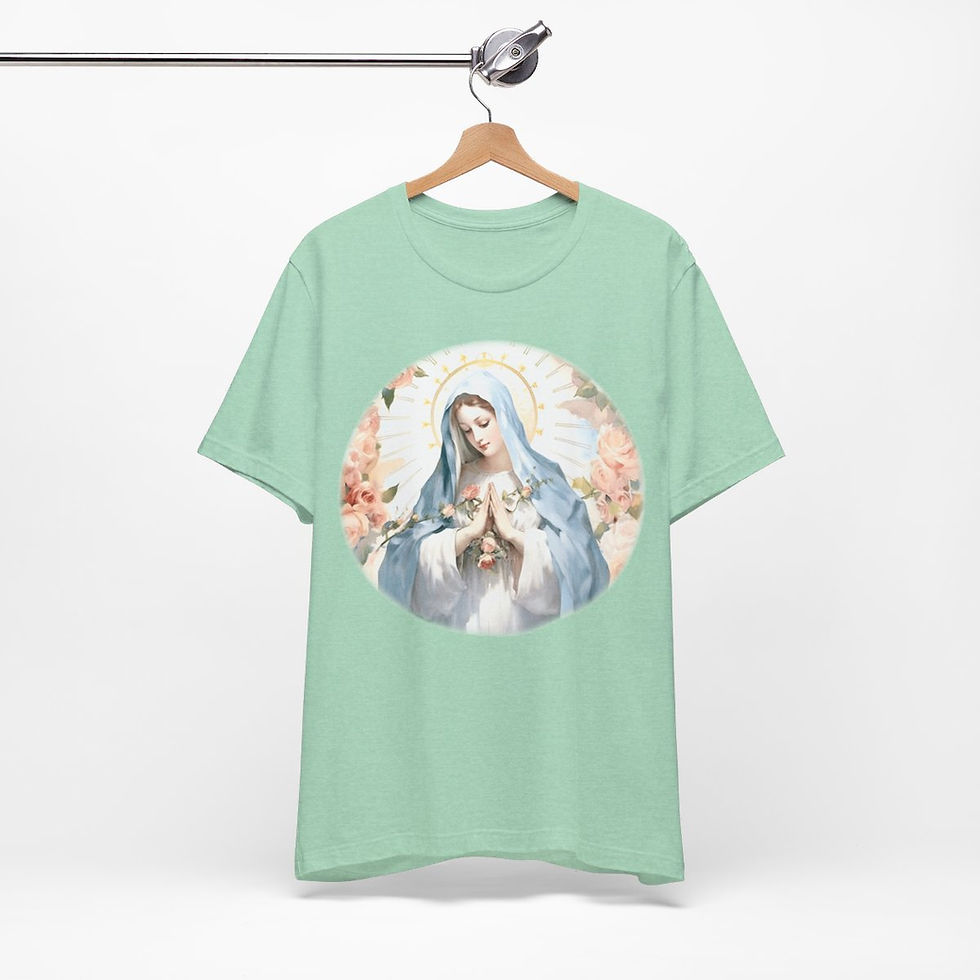 Thumbnail: Virgin Mary T-Shirt Pink Rose Shabby Chic Ave Maria Art Tee Catholic Faith Gift