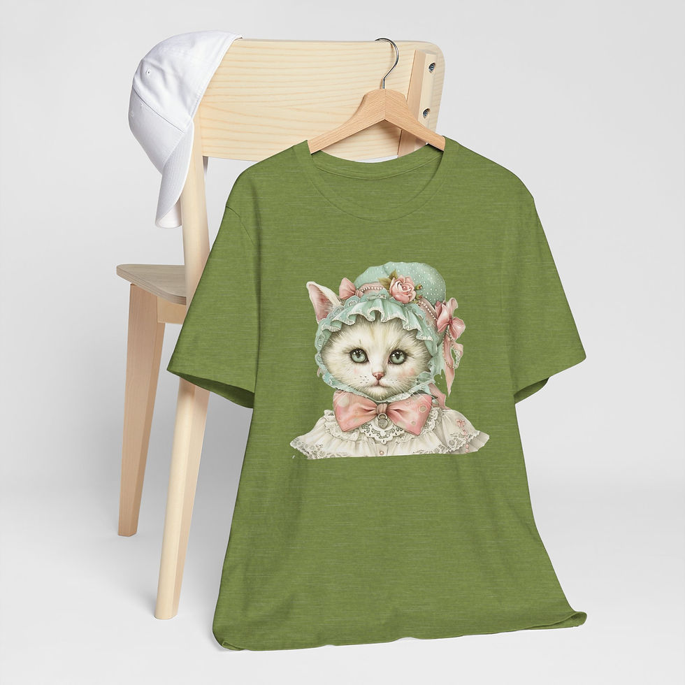 Thumbnail: Victorian Cat Art T-Shirt Shabby Mint & Pink Hat Roses Artistic Cat Lover Gift