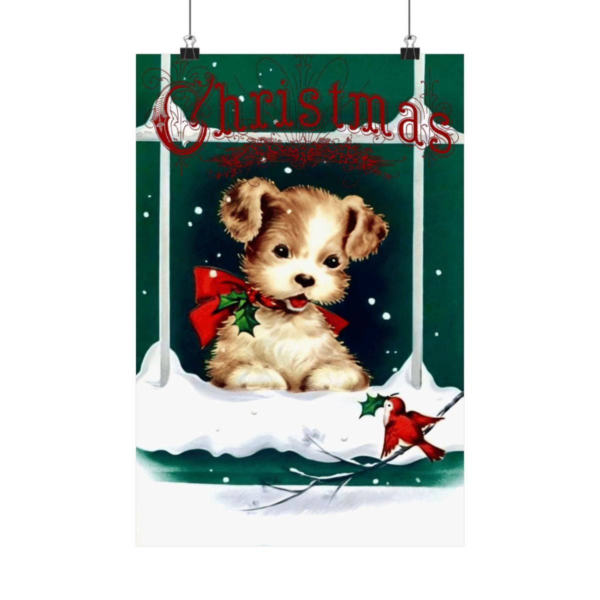 Vintage Christmas Art Print Retro Puppy Dog & Bird Holiday Wall Decor 