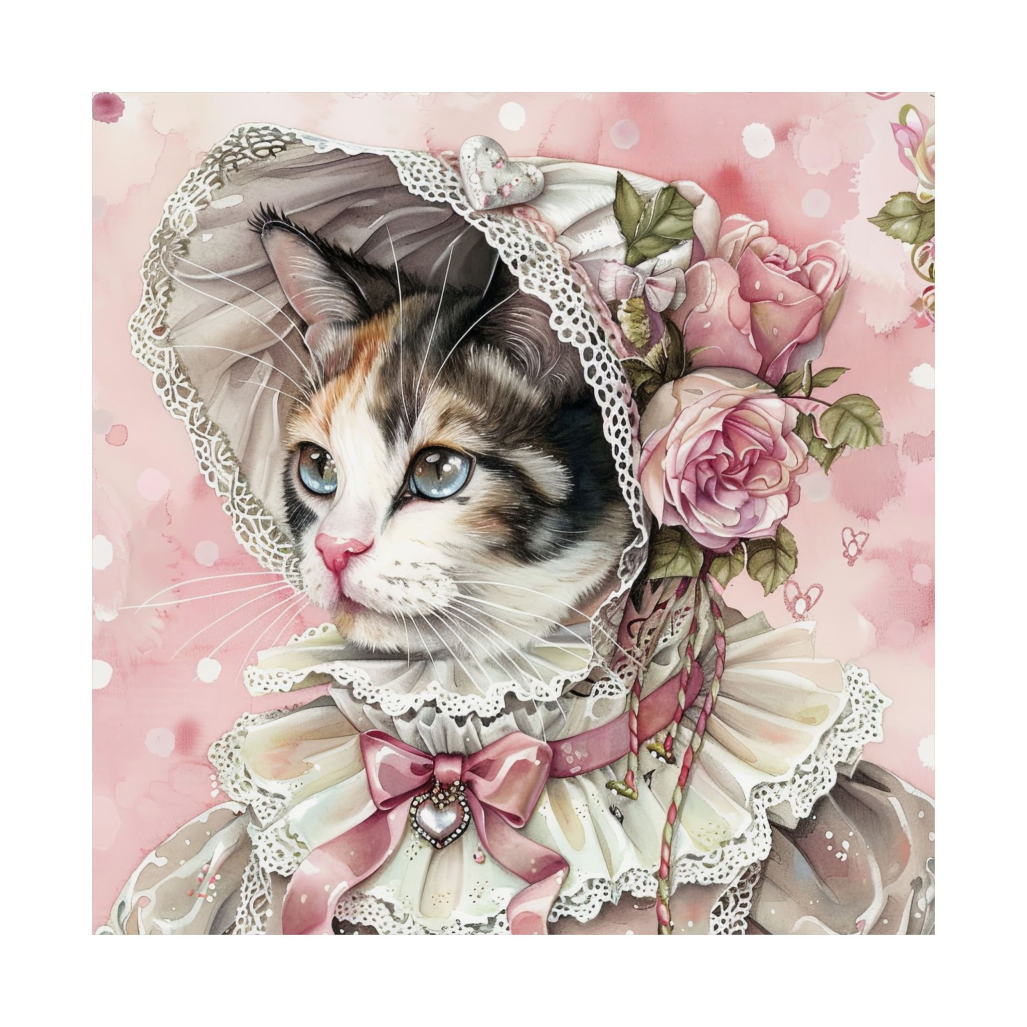 Shabby Cat Art Print - Victorian Kitten in Bonnet Pink Cat Lover gift Wall Decor