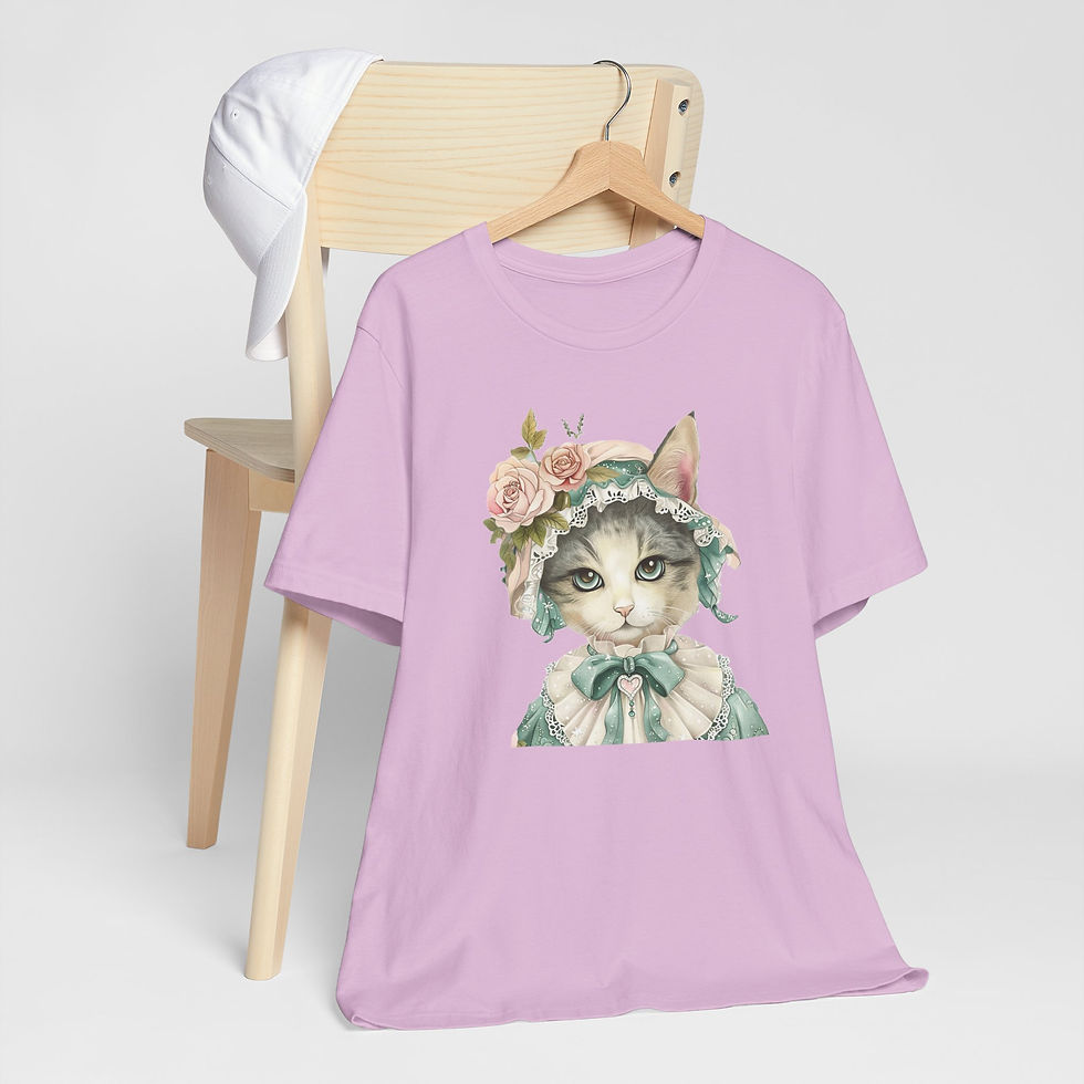 Thumbnail: Victorian Cat Art T-Shirt Shabby Mint & Pink Hat Roses Artistic Cat Lover Gift