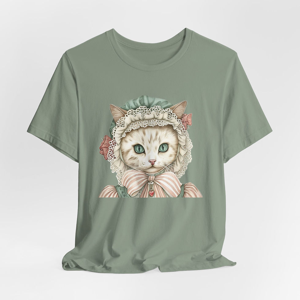 Thumbnail: Victorian Cat Art T-Shirt Shabby Mint & Pink Rose Hat Artistic Cat Lover Gift