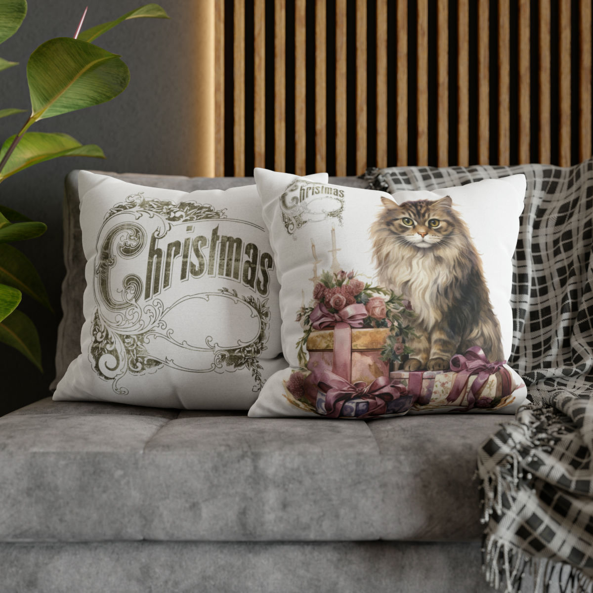 Shabby Cat Christmas Throw Pillow cover Purple Victorian Kitty Holiday Decor