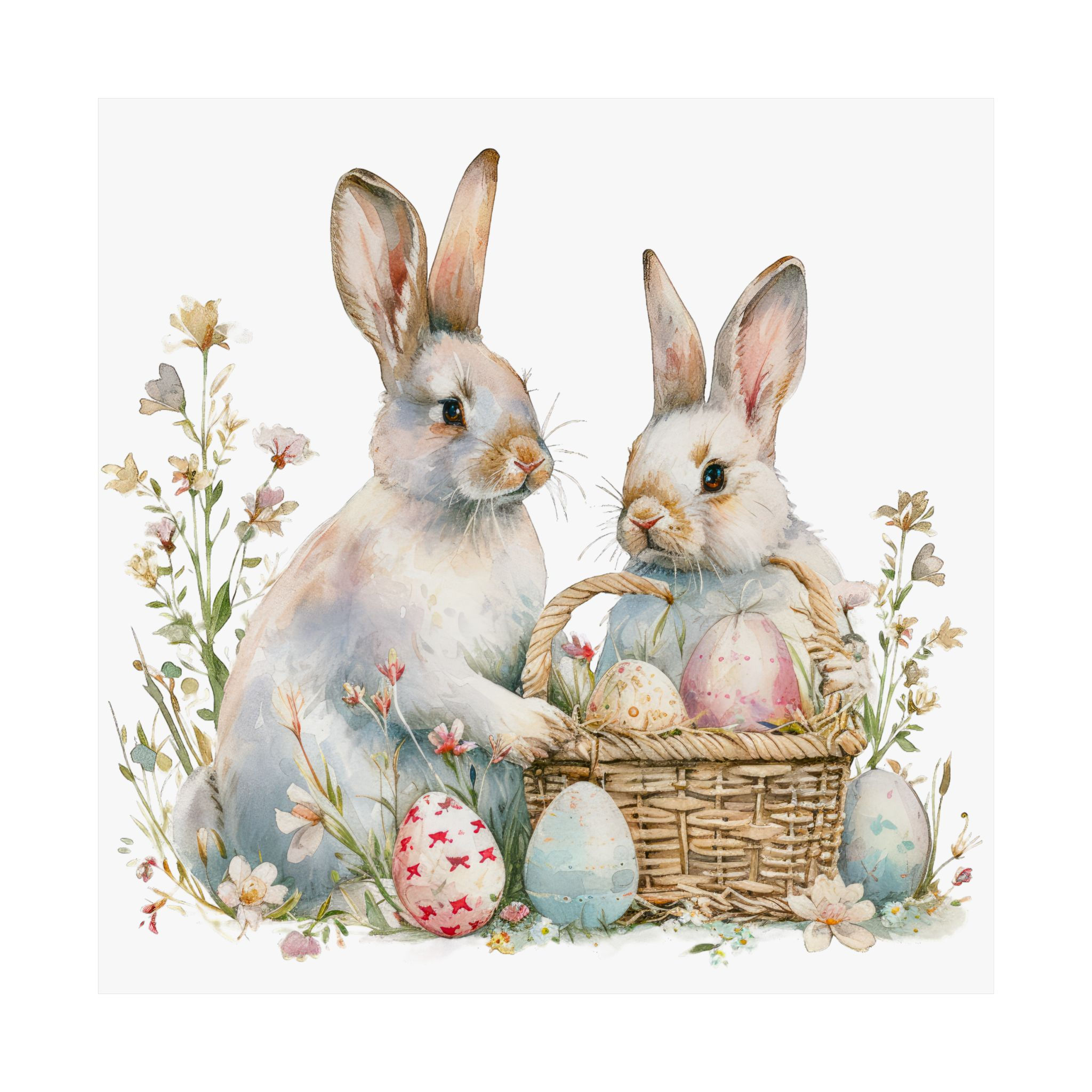 Shabby Spring Art Print Rabbits of Basket Eggs Floral Cottage Farmhouse Decor