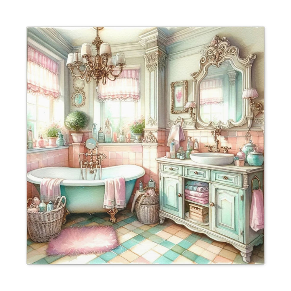 Thumbnail: Shabby French Bathroom Canvas Art Clawfoot Tub Pink and Green Watercolor Print