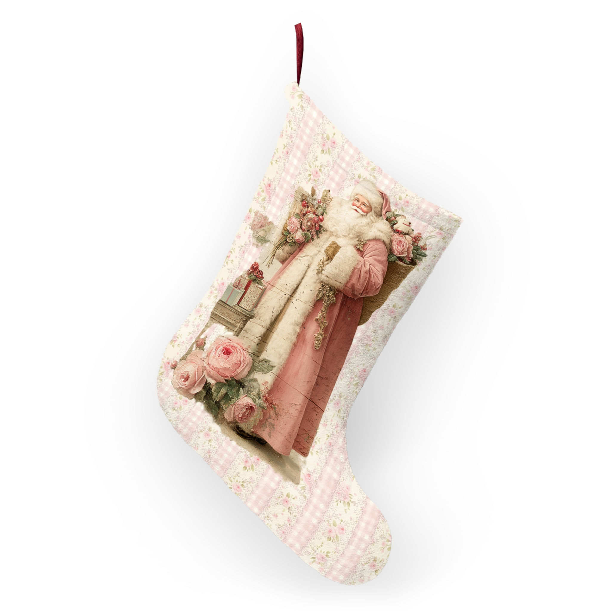 Pink Victorian Santa Claus Christmas Stocking - Shabby Chic Holiday Decor