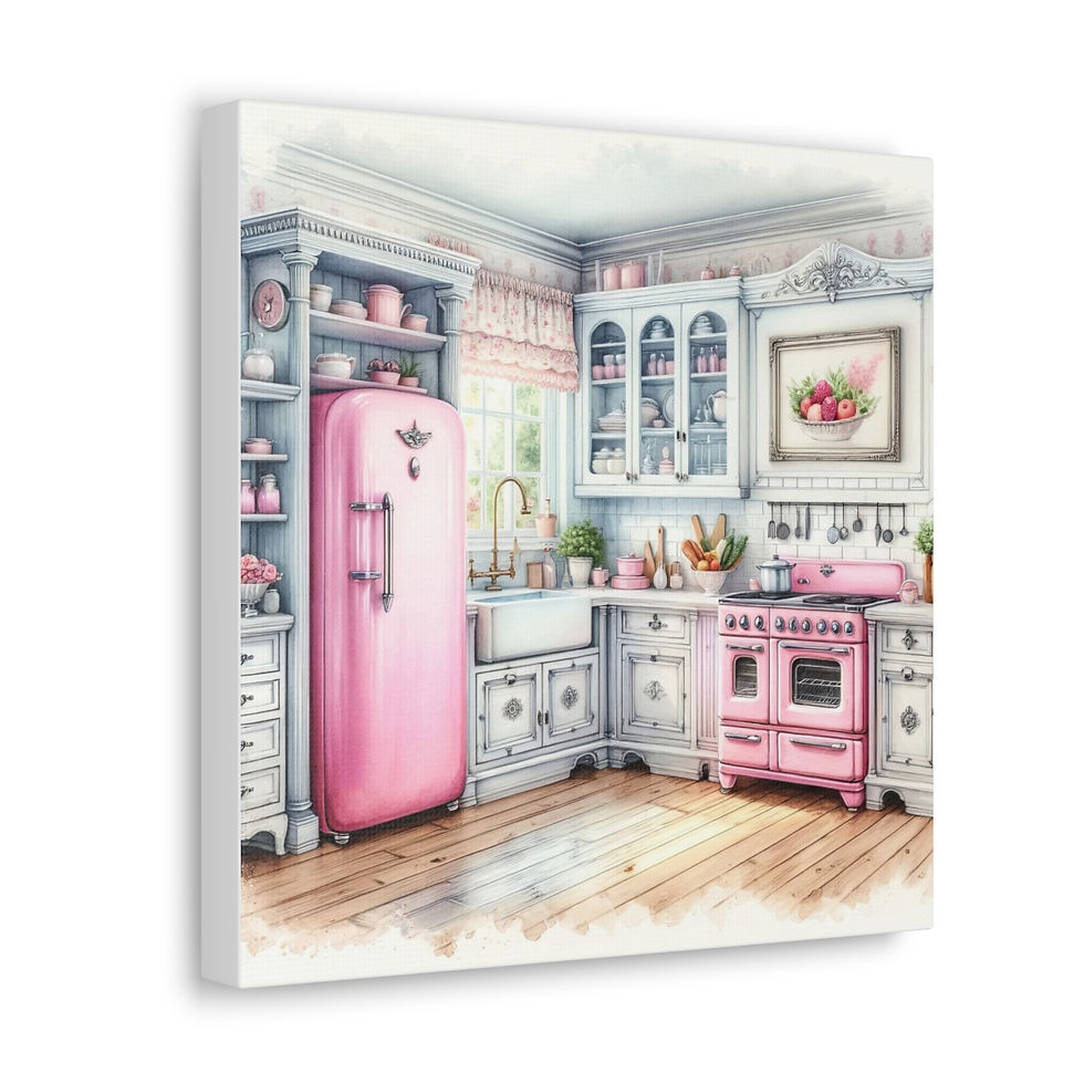 Thumbnail: Pink Retro Kitchen Art Shabby Cottage Farmhouse Kitchen Art Canvas Wall decor