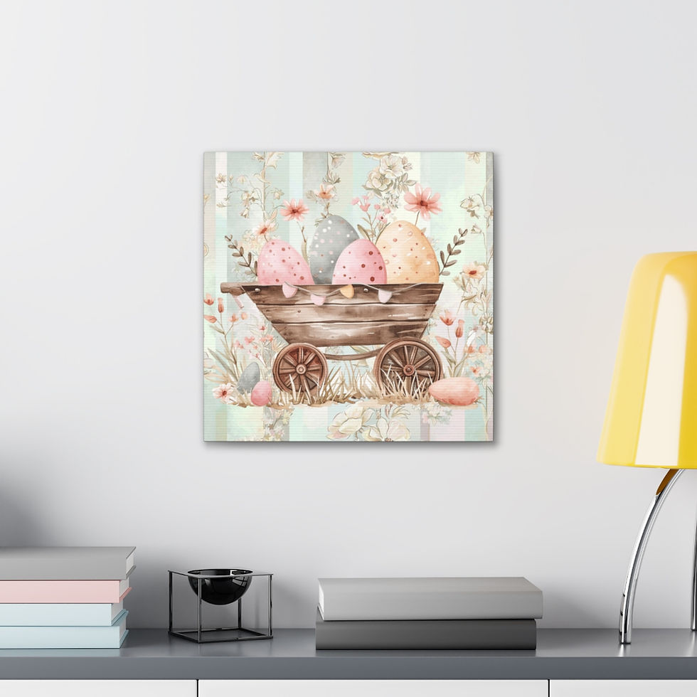 Thumbnail: Vintage Shabby Spring Canvas Art Wagon Pink Flowers Eggs Farmhouse Wall Decor