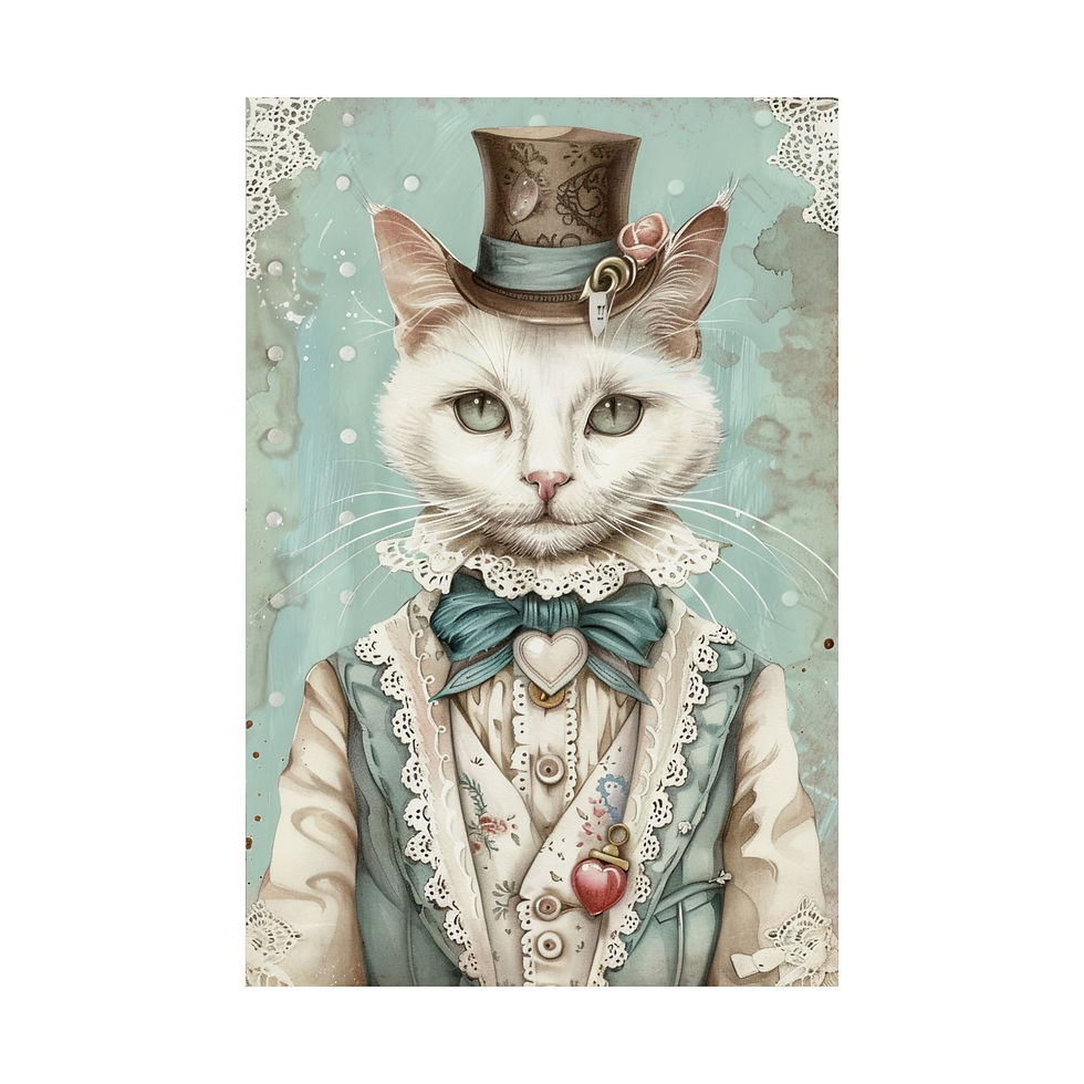 Thumbnail: Shabby Victorian Cat Art Print Male Cat Mint Pink Roses Top Hat Cat Lover Decor