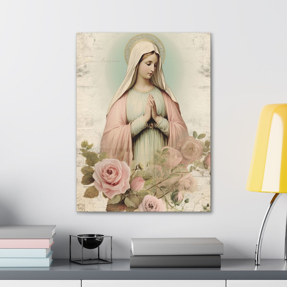 Thumbnail: Shabby Virgin Mary Canvas Art Vintage Green & Pink Roses Pastel Religious Decor