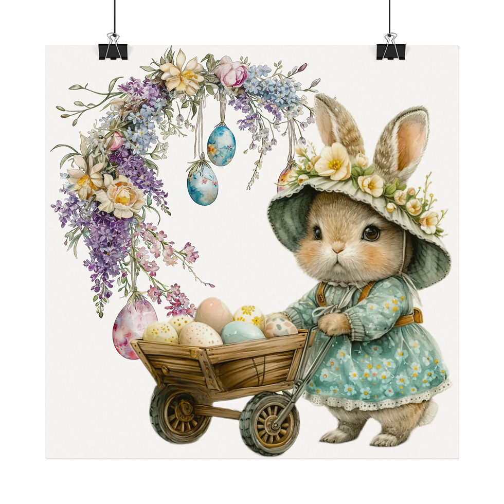 Thumbnail: Shabby Rabbit Watercolor Art Print Bunny w/ Basket of eggs Cottage Spring Decor 