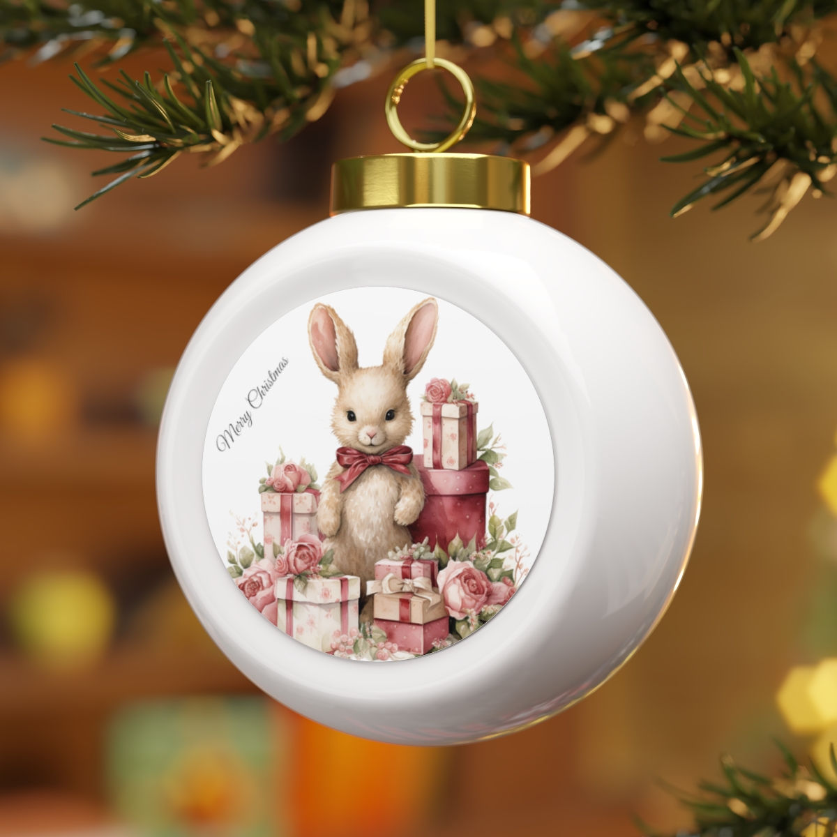 Shabby Chic Bunny Rabbit Christmas Ornament Pink Roses Christmas Decor & Gifts