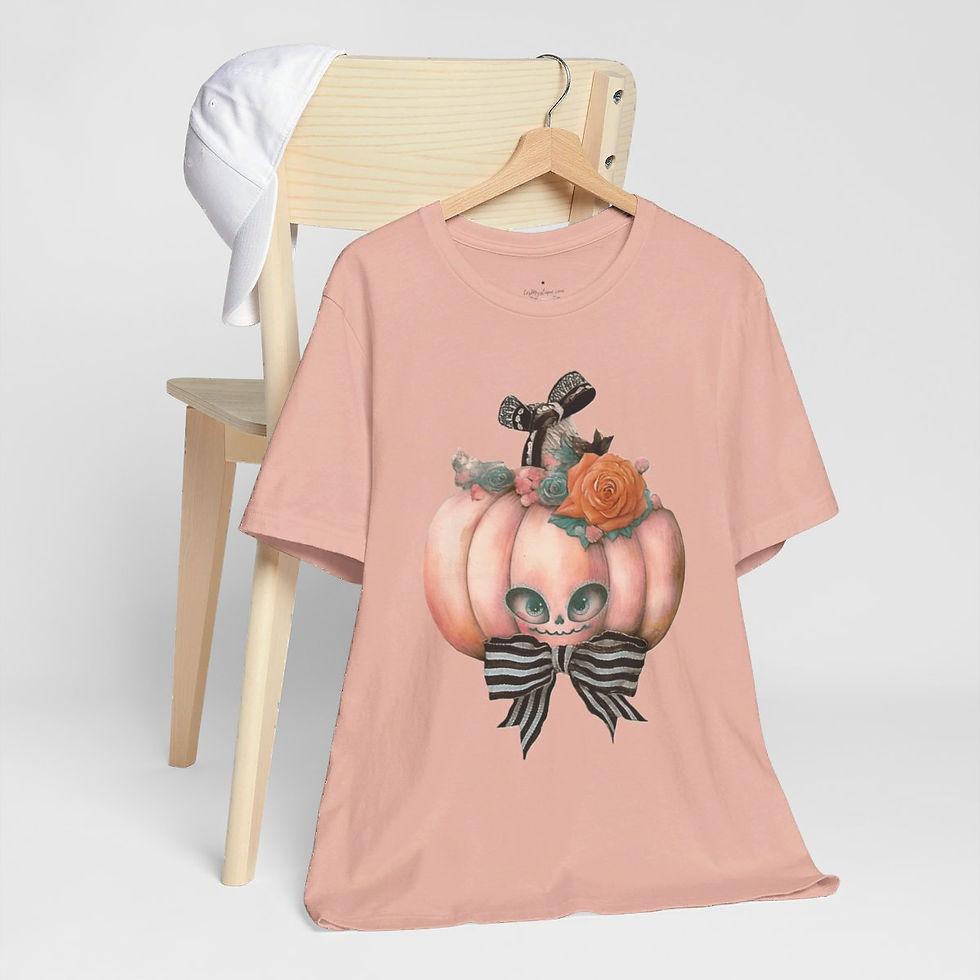 Thumbnail: Halloween T-Shirt Creepy Pumpkin Shabby Pink Roses Art Tee Trendy Apparel Gift