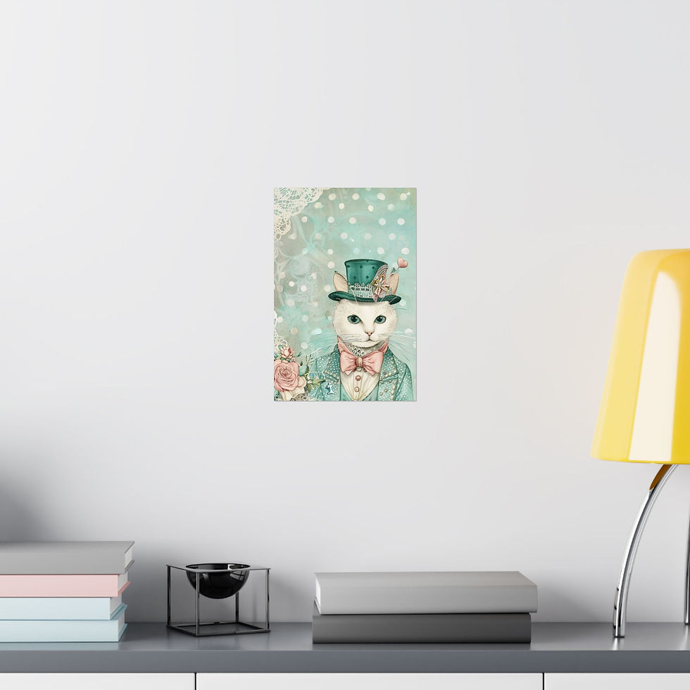 Thumbnail: Shabby Victorian Cat Art Print Male Cat Mint Pink Roses Top Hat Cat Lover Decor