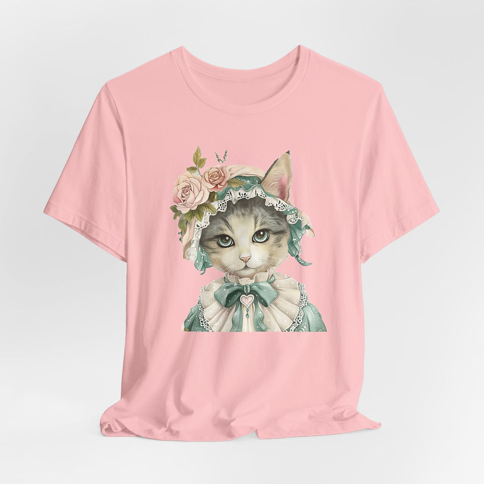 Thumbnail: Victorian Cat Art T-Shirt Shabby Mint & Pink Hat Roses Artistic Cat Lover Gift