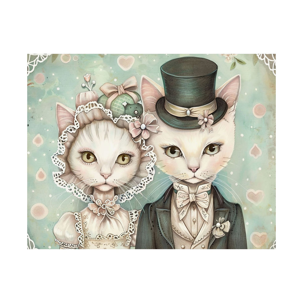 Thumbnail: Shabby Cat Couple Giclee Print Victorian Cats in Hats Pink Mint Cat Lover Gift