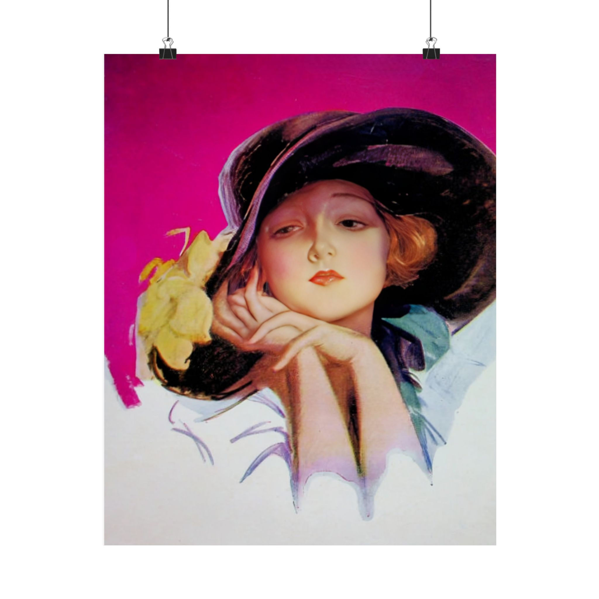 Vintage Harrison Fisher Giclee Art Print, Elegant Woman in Wide-Brim Flower Hat 