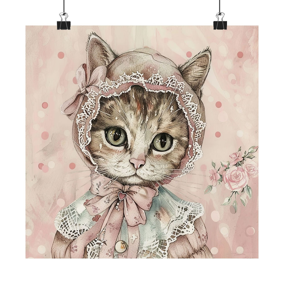 Thumbnail: Shabby Cat Art Print - Victorian Kitten in Bonnet Pink Cat Lover gift Wall Decor