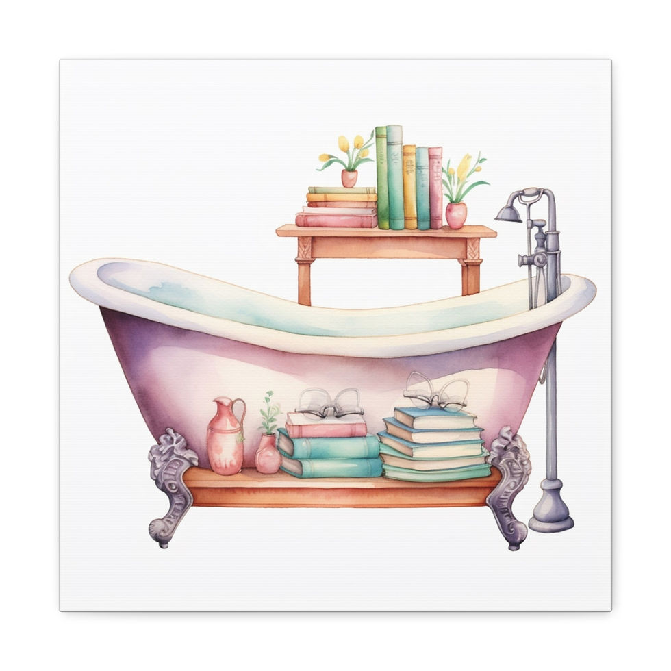 Thumbnail: Shabby Book Lovers Bathroom Canvas Art Clawfoot Tub Books Watercolor Print