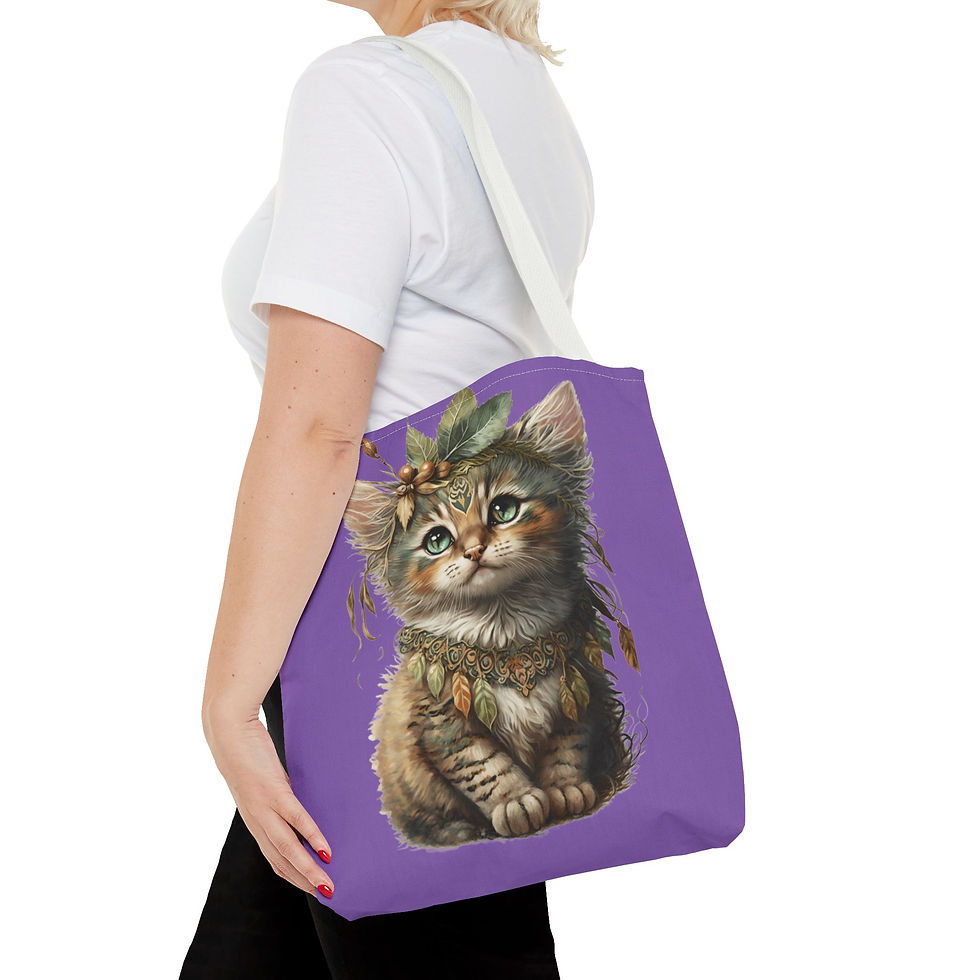 Thumbnail: Boho Cat Tote Bag Shabby Kitten with Feathers Flowers Cat Lover Expressive Gift