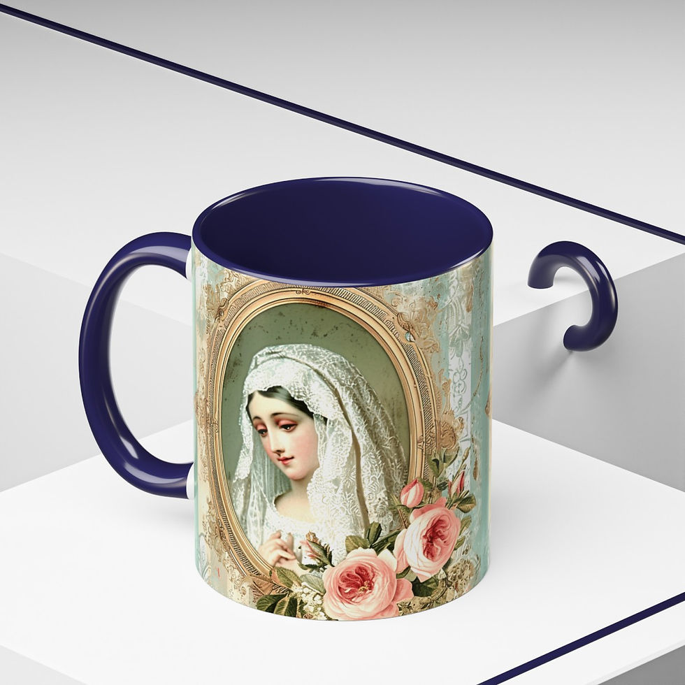 Thumbnail: Shabby Virgin Mary Coffee Mug Pink Roses Catholic Art Mug Religious Faith Gifts