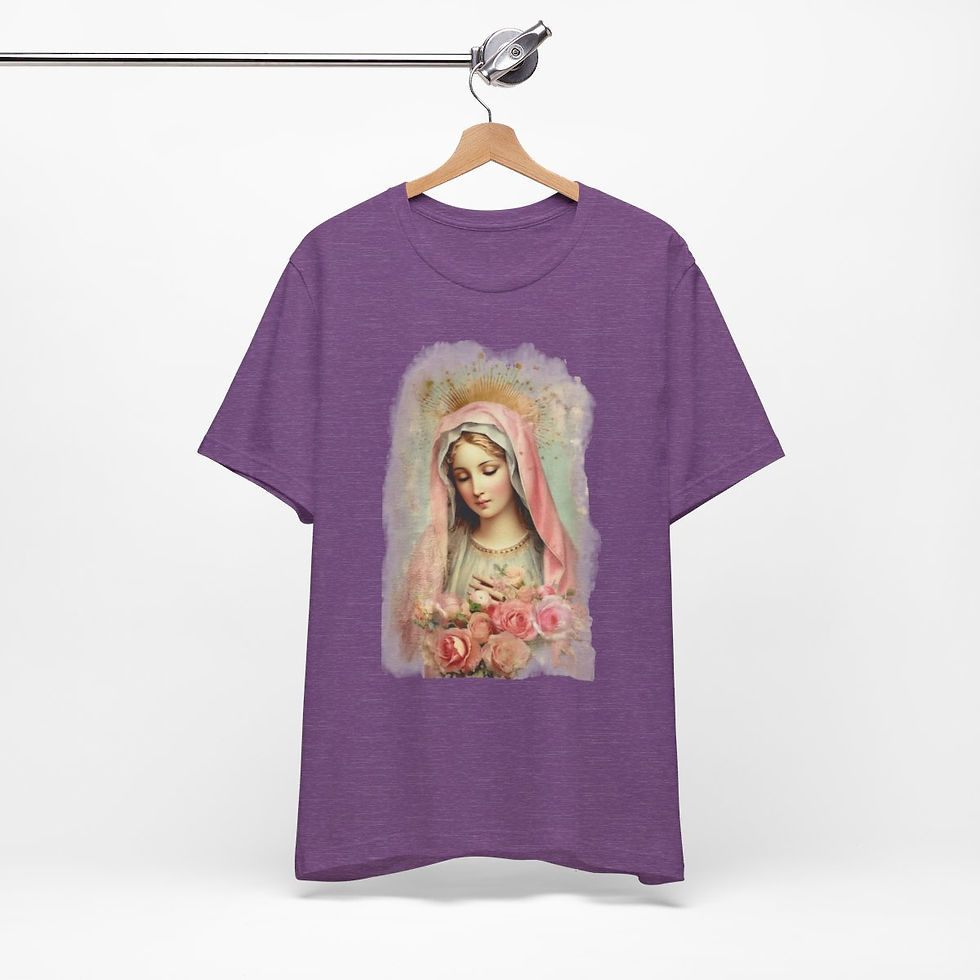 Thumbnail: Virgin Mary T-Shirt Shabby Pink Roses Ave Maria Art Tee Catholic Faith Gifts